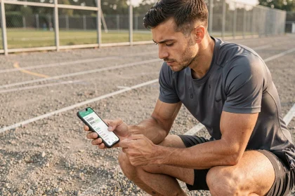 Coureur analysant ses chronos et sa vitesse de course sur une application mobile après un entraînement sur piste