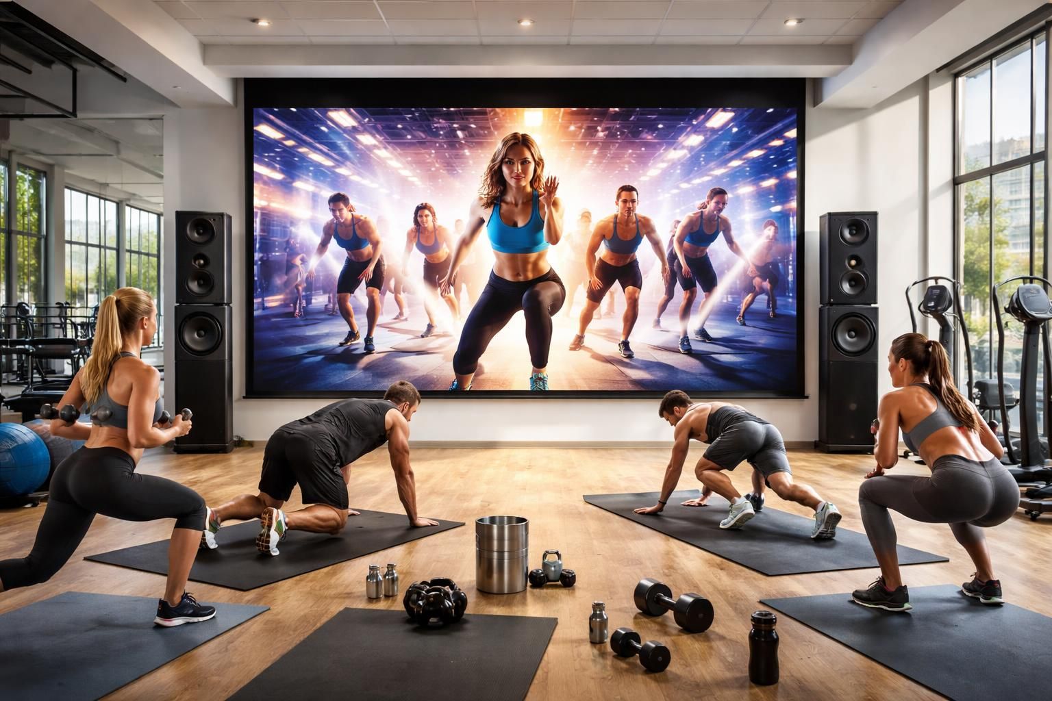 découvrez notre écran de projection combiné son et image, idéal pour vos séances de fitness. profitez d'une expérience immersive alliant qualité visuelle et sonore pour votre entraînement.