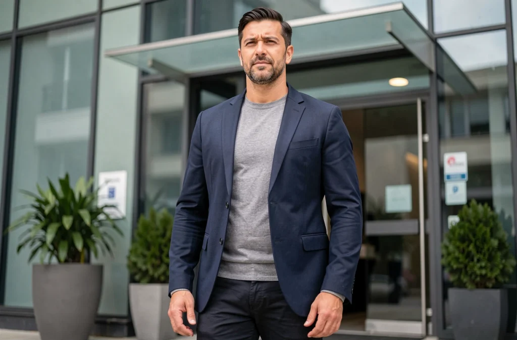 Ancien joueur de National 2 devenu entrepreneur devant une agence professionnelle, illustrant les trajectoires de fortune des footballeurs semi-professionnels