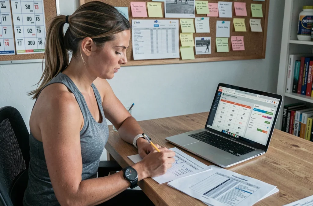 Athlète féminine révisant un plan d'entraînement basé sur le calcul de vitesse de course sur ordinateur portable à domicile