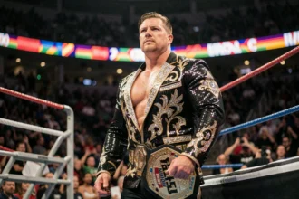 Catcheur professionnel de la WWE posant avec sa ceinture de championnat à l'entrée du ring lors du Saturday Night Main Event