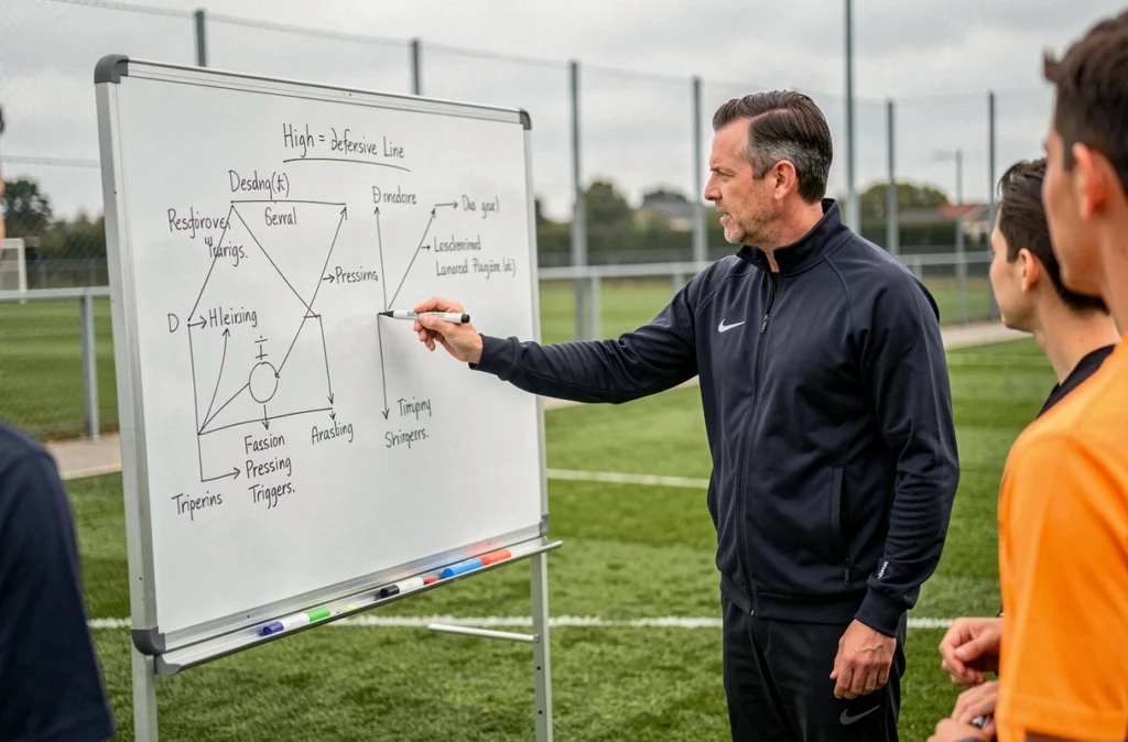 Entraîneur de football expliquant les mécanismes du pressing haut sur un tableau tactique lors d'une séance d'entraînement PSG