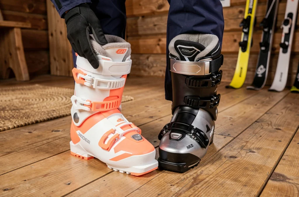 Comparaison de deux modèles de chaussures de ski femme pour débutante sur plancher de chalet