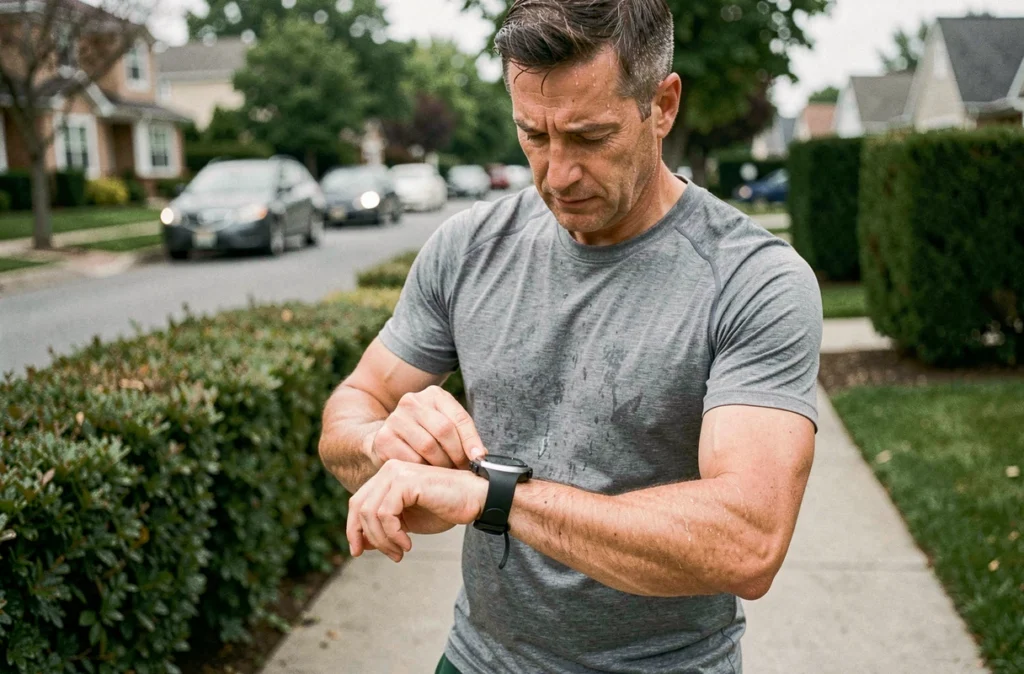 Coureur d'âge mûr consultant sa montre GPS après un entraînement de course à pied en zone résidentielle
