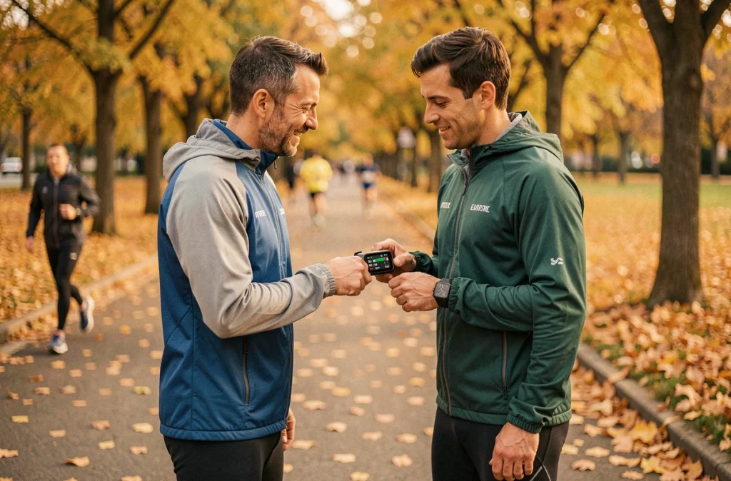 Deux coureurs comparant leurs données de vitesse et leurs chronos sur une montre connectée après un footing en parc urbain