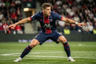 Défenseur du PSG en position de pressing haut sur le terrain, stance tactique agressive lors d'un match de Ligue 1