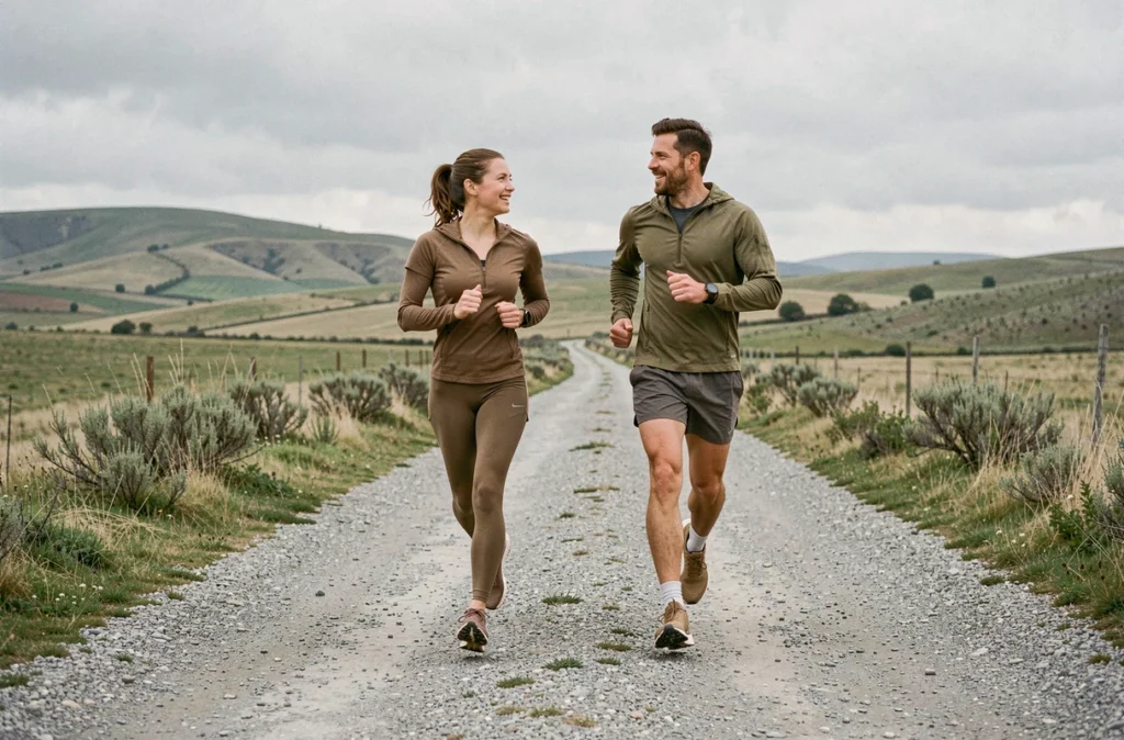 Deux coureurs progressant ensemble sur un chemin de campagne en gravier, illustrant une progression graduelle et sans blessure en course à pied
