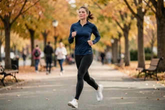 Femme courante à allure modérée sur un chemin de parc en automne, illustrant une progression réaliste en course à pied