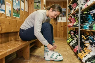 Femme débutante essayant une chaussure de ski dans un magasin de location alpin