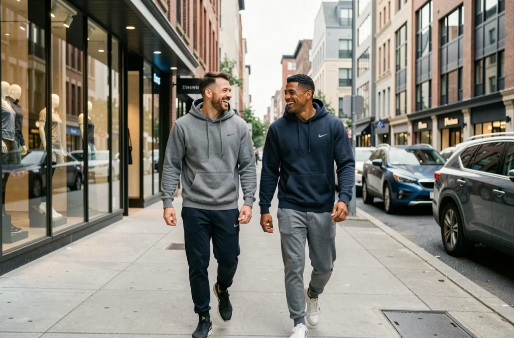 Deux joueurs de football en tenue décontractée marchant dans un quartier urbain moderne, symbolisant la réussite financière des footballeurs de National 2