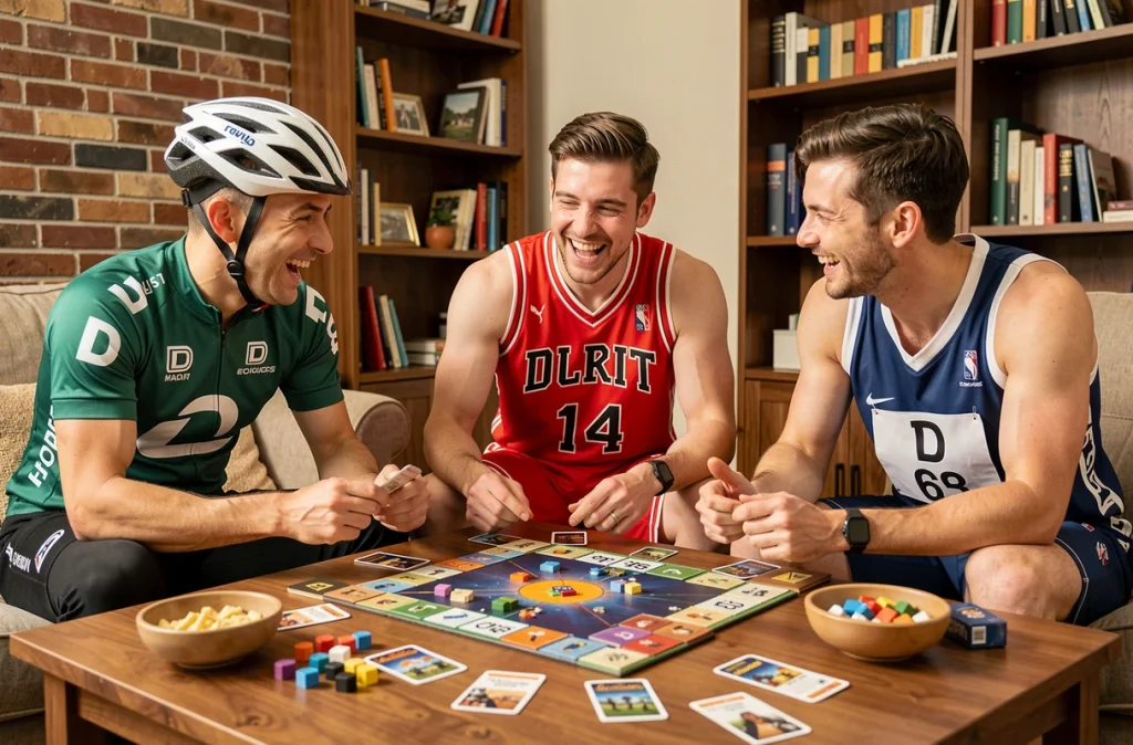 Groupe d'amis déguisés en sportifs célèbres commençant par D jouant à un jeu de société autour d'une table en bois dans un salon chaleureux