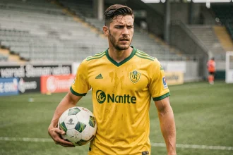 Joueur de foot professionnel en maillot du FC Nantes lors d'un entraînement, rumeur mercato 2026