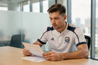 Joueur de football professionnel signant un contrat dans un bureau moderne, illustrant la négociation salariale en National 2