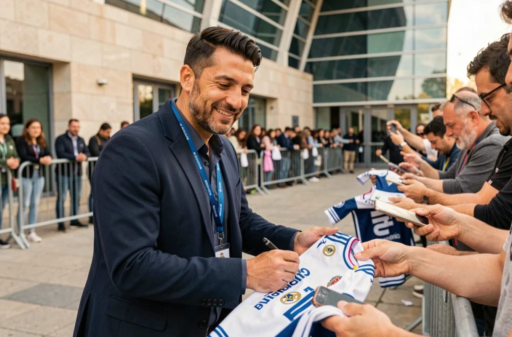 Joueur du Real Madrid en tenue décontractée signant des autographes pour les supporters devant le stade en 2026