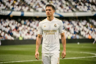 Joueur du Real Madrid en maillot blanc 2026 marchant sur la pelouse du Bernabéu pendant l'échauffement