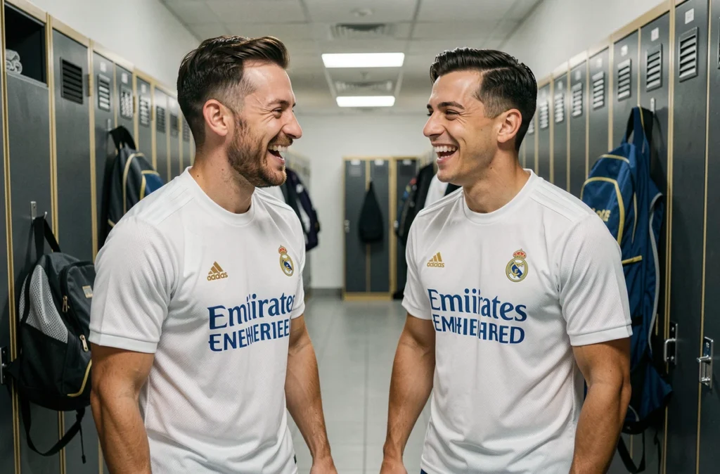 Deux joueurs du Real Madrid discutant et riant dans le couloir des vestiaires lors d'un entraînement en 2026