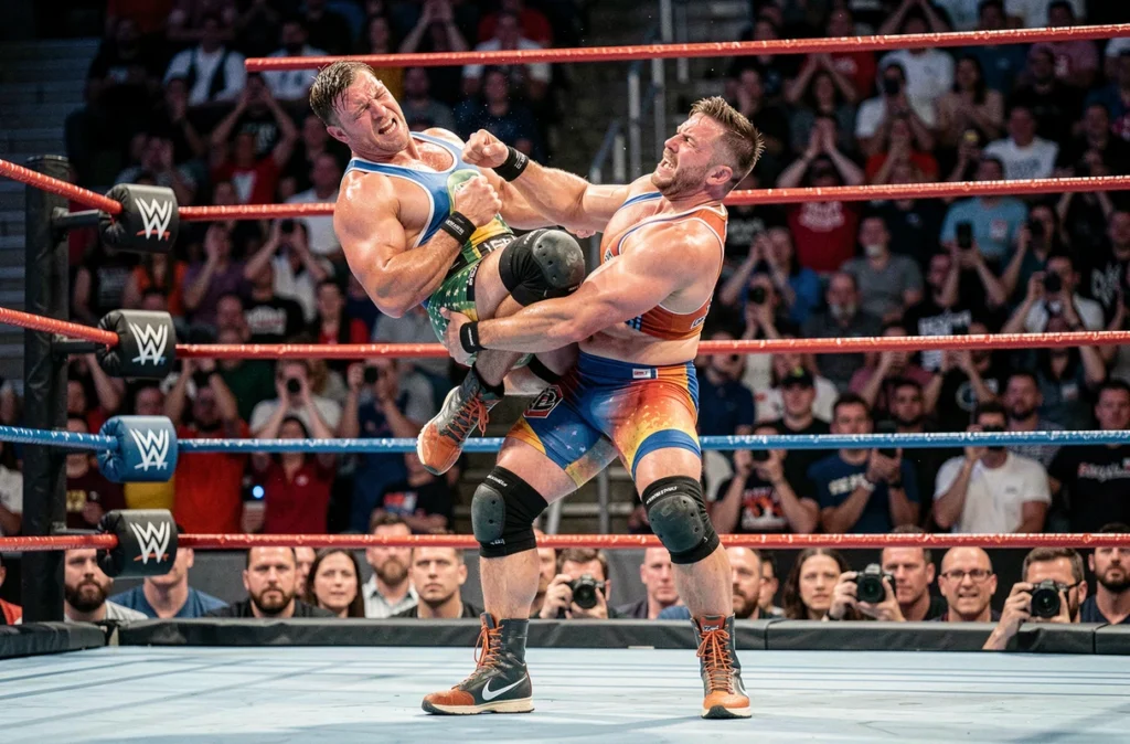 Deux catcheurs de la WWE en plein affrontement spectaculaire lors d'un match du Saturday Night Main Event avec la foule en arrière-plan