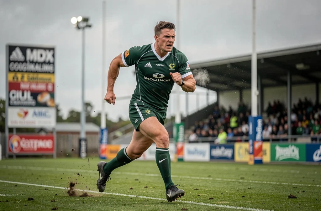 Joueur de rugby en pleine course sur la touche lors d'un match de championnat Nationale 2