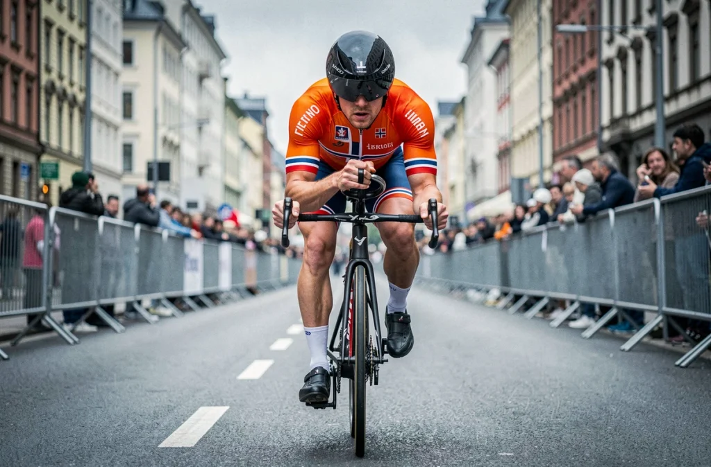 Torstein Træen en position de contre-la-montre sur un circuit urbain européen avec le maillot national norvégien