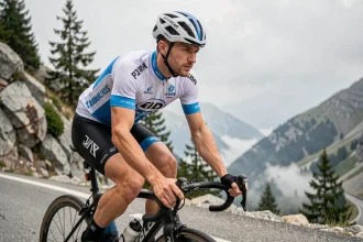 Coureur cycliste professionnel Torstein Træen en plein effort sur une route de montagne alpine lors d'une étape difficile