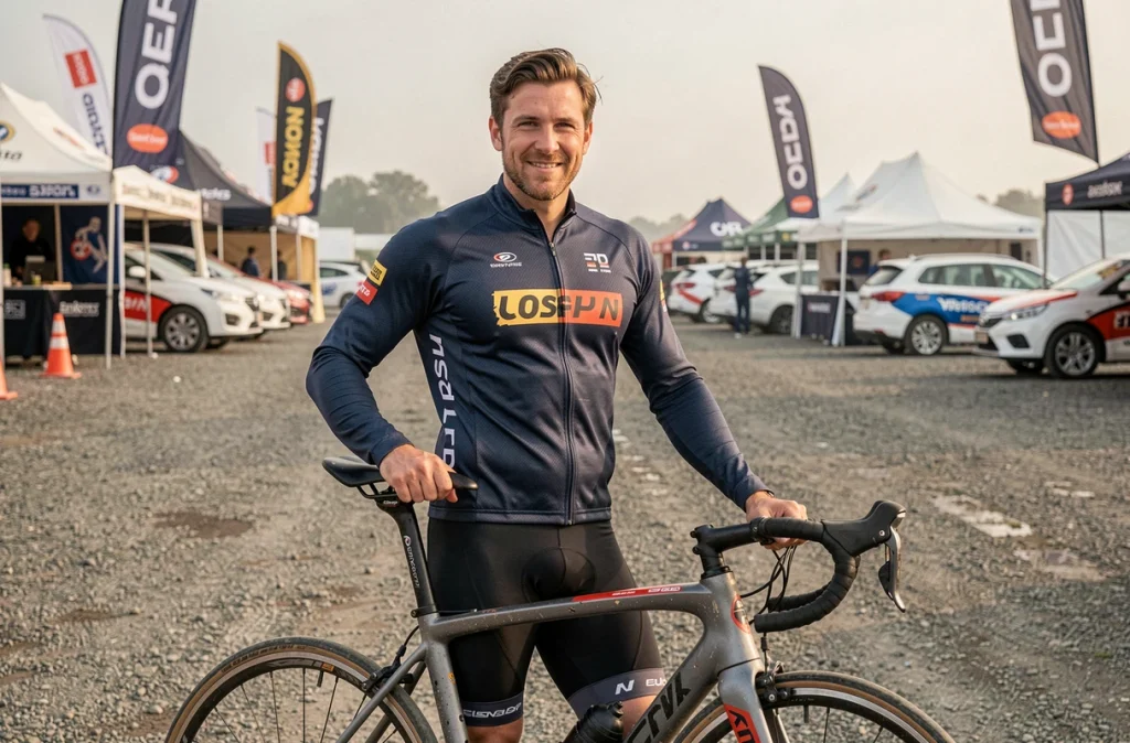 Portrait décontracté de Torstein Træen dans la zone de départ d'une course cycliste professionnelle avec son vélo de route