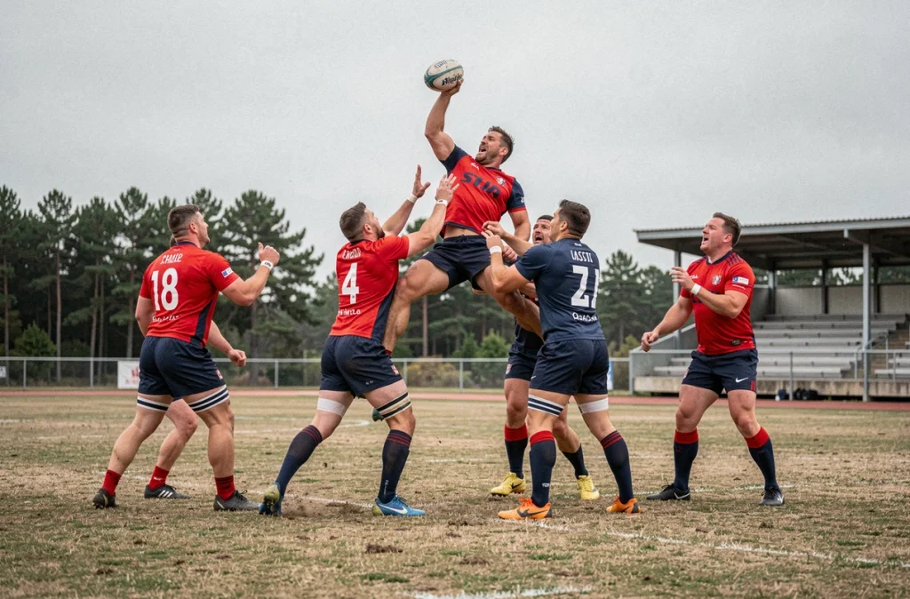 Touche de rugby en compétition Nationale 2 avec joueur élevé pour capter le ballon