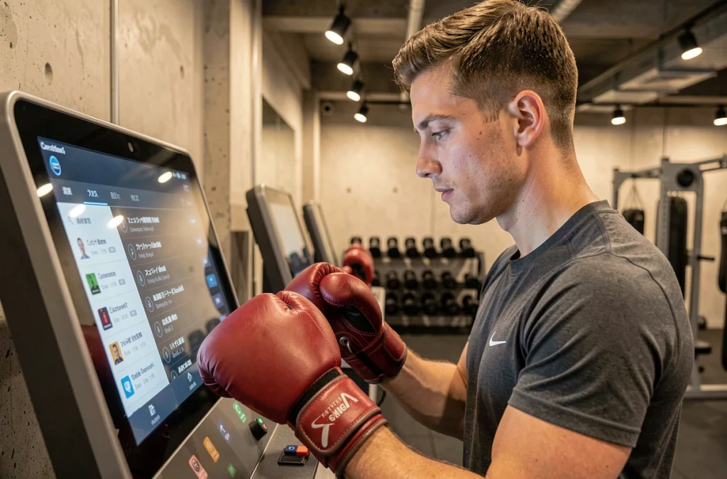 Homme utilisant l'interface tactile d'une machine à boxe connectée avec haut-parleur Bluetooth dans une salle de fitness