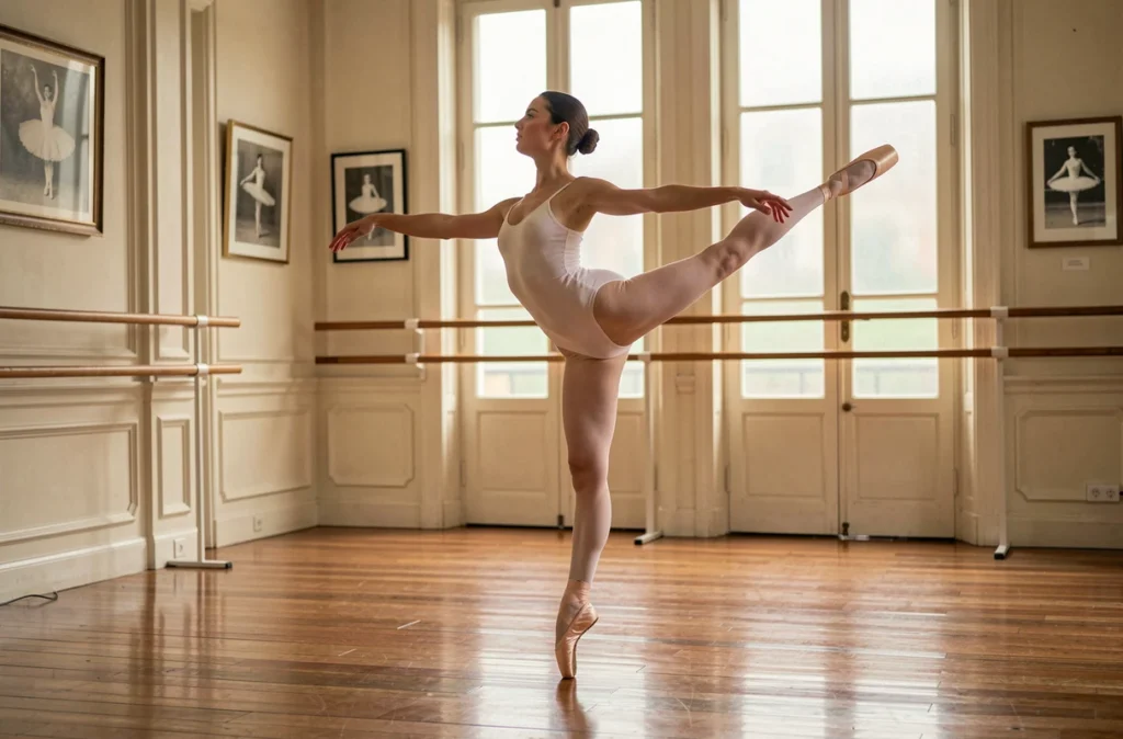 Danseuse de ballet en arabesque à la barre dans le studio de l'Académie de Ballet Nini Theilade à Lyon