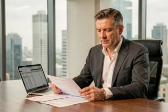 Agent footballistique analysant des documents contractuels lors d'une négociation de salaire au PSG