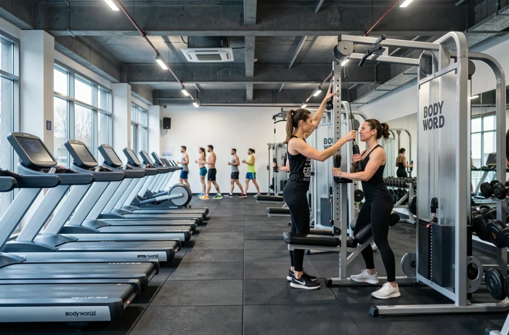 Intérieur de la salle de fitness Body World avec équipements modernes et coach