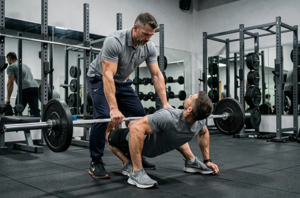 Christophe Davy coach sportif accompagnant un client lors d'une séance de musculation