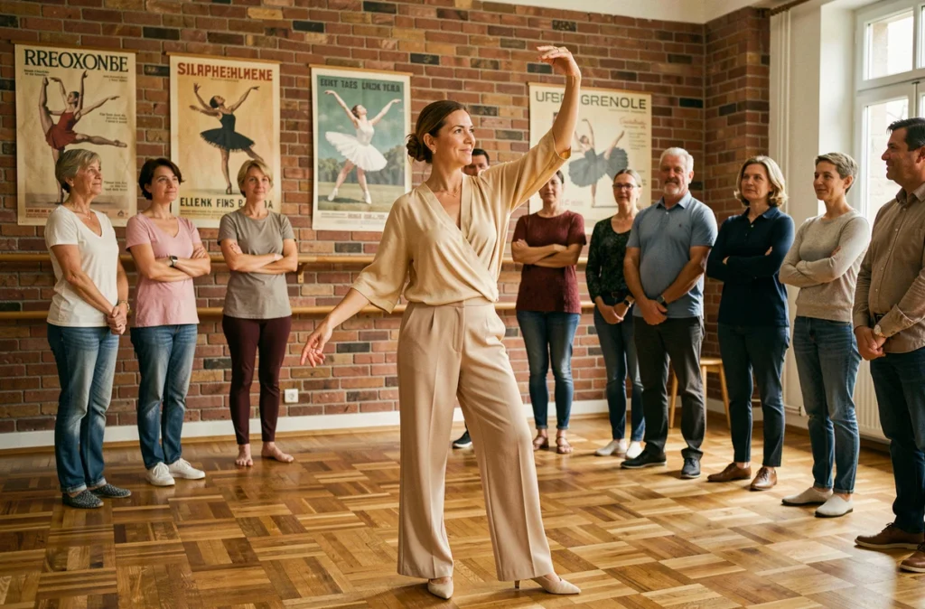 Professeure de danse Dany Lays guidant ses élèves adultes dans son studio de Grenoble
