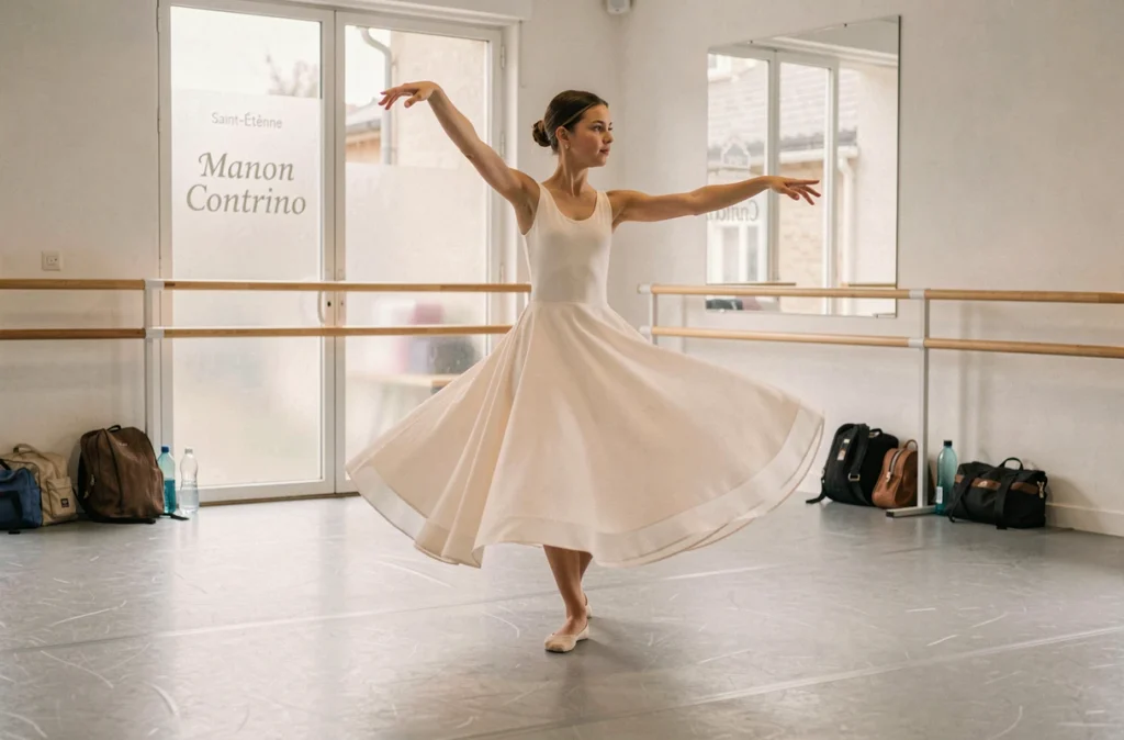Jeune danseuse en pirouette lyrique dans le studio de l'École de Danse Manon Contrino à Saint-Étienne
