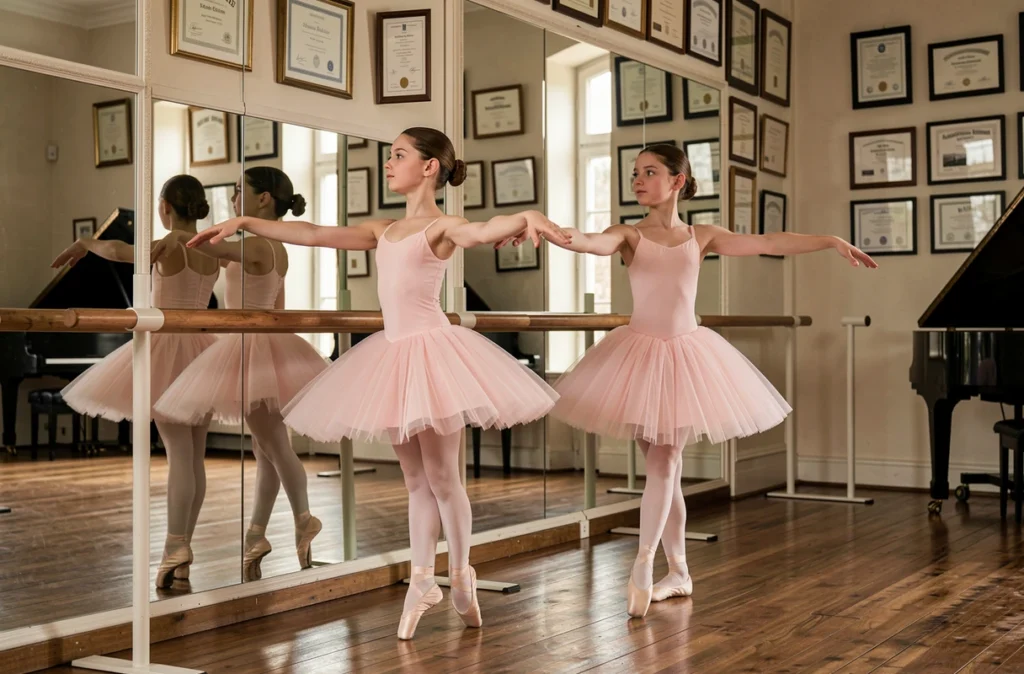 Deux danseuses de ballet en tutu rose travaillant au Ballet Studio Évelyne Guichard à Saint-Étienne