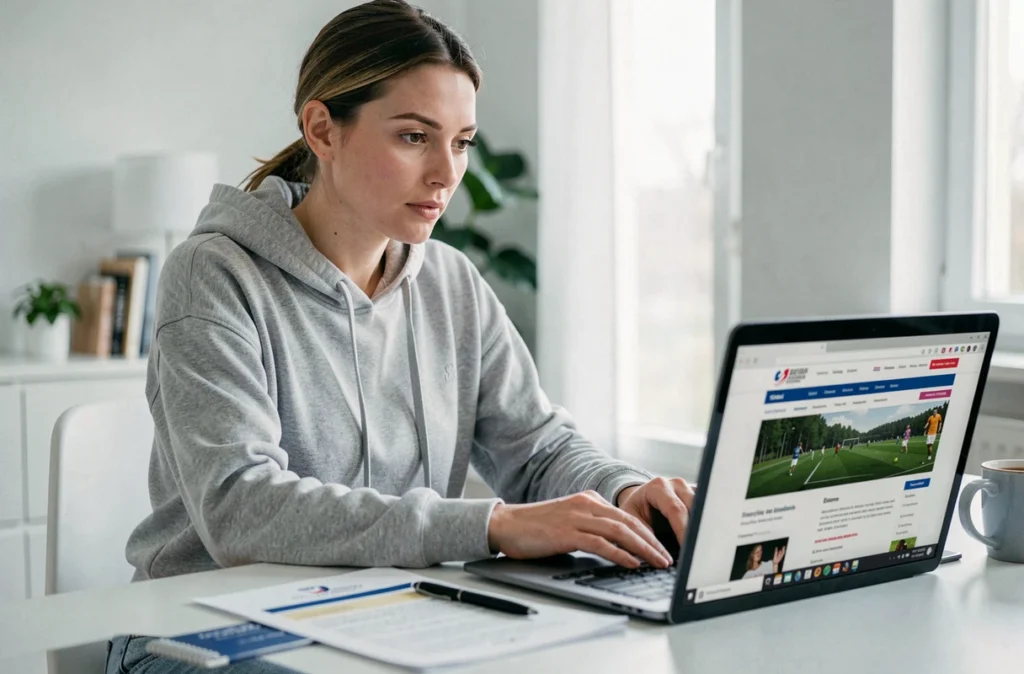 Femme effectuant une inscription en ligne à un club de football FFF depuis chez elle en Essonne