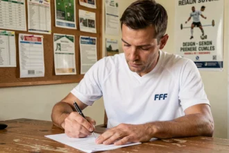 Homme remplissant un formulaire de licence FFF dans un bureau de club de football en Essonne
