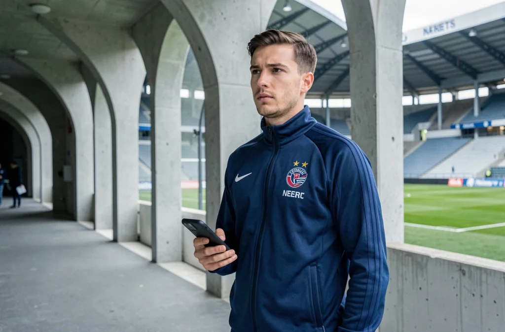Joueur de football professionnel pensif près du tunnel d'un stade parisien lors d'une période de transfert