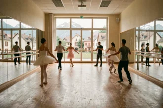 Vue panoramique d'un studio de danse en Auvergne-Rhône-Alpes avec des danseurs de différents styles en répétition