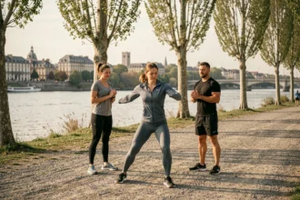 Groupe de sportifs s'entraînant avec un coach au bord de la Loire dans le Loiret