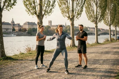 Groupe de sportifs s'entraînant avec un coach au bord de la Loire dans le Loiret