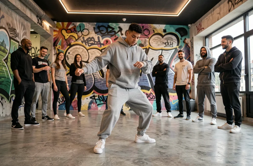 Danseur de hip-hop en pose freeze entouré de ses camarades au studio New Dancer à Annecy