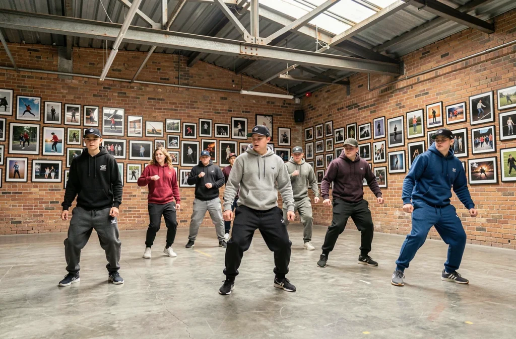 Groupe de jeunes danseurs urbains en répétition dans le studio Urbano Dance à Saint-Martin-la-Plaine
