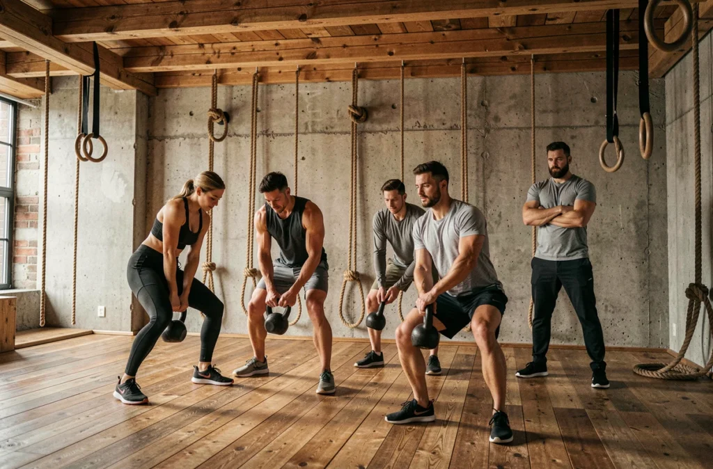 Intérieur du Woden Fitness Club à Orléans avec entraînement fonctionnel et poutres en bois