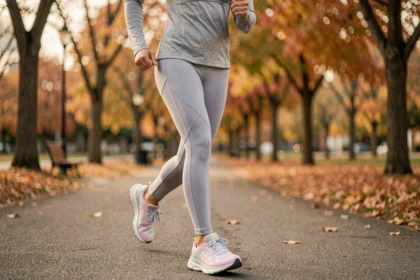 Femme portant des chaussures de running Hoka One One Clifton lors d'un jogging en parc urbain, vue de 3/4 en mouvement
