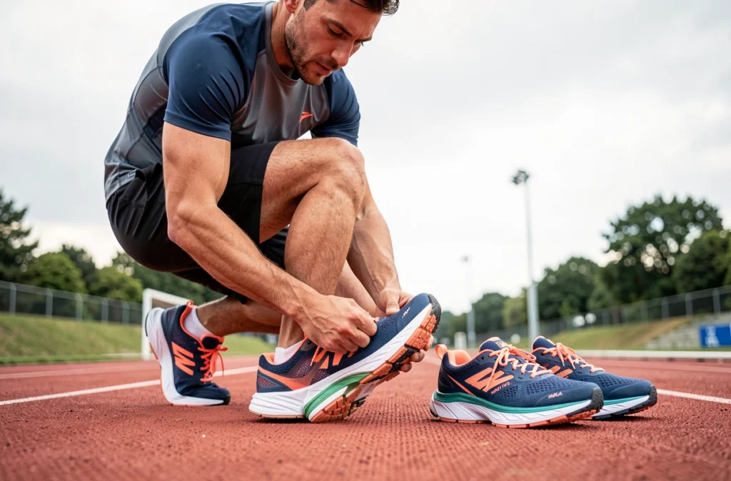 Homme en tenue de sport comparant des chaussures Hoka Clifton homme et femme sur une piste d'athlétisme, focus sur les différences de semelles